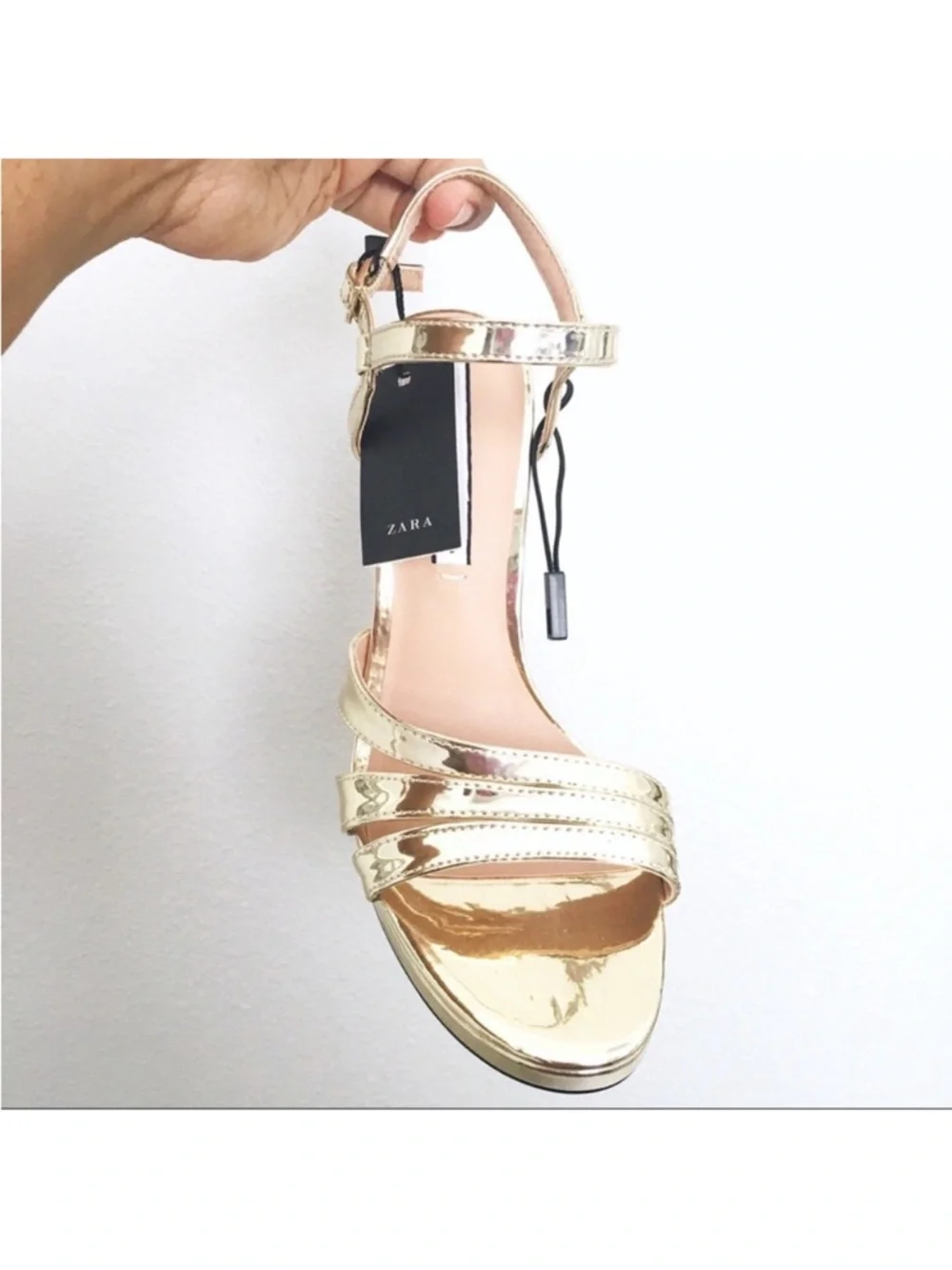 Zara Trafaluc Shiny Metallic Gold Strappy High Heel Sandals